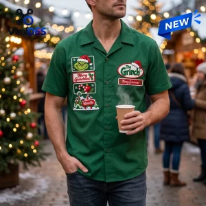 Front view of The Grinch Green Christmas Bowling Hawaiian Shirt worn outdoors.