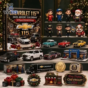 Chevrolet 115th Anniversary Advent Calendar 2026 box with miniature figures, cars, and holiday decorations.