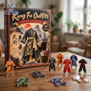 Front view of Kung Fu Outfits Christmas Advent Calendar box with miniature acrylic outfit figures on a table.