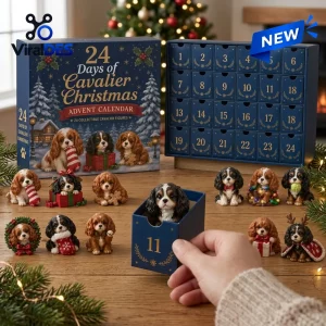 Front view of a Cavalier King Charles Spaniel Christmas Advent Calendar with miniature dog figurines.