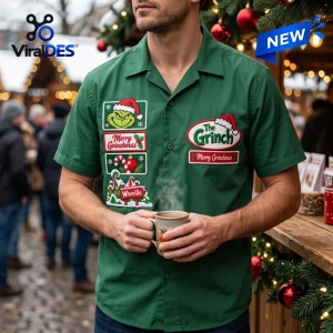 Front view of The Grinch Green Christmas Bowling Hawaiian Shirt worn outdoors.