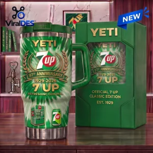 Front view of green Yeti 7Up 97th Anniversary Handle Tumbler with matching box on wooden surface.