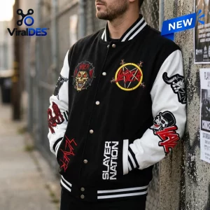 Front view of a black and white Slayer Angel Of Death Baseball Varsity Jacket worn outdoors.