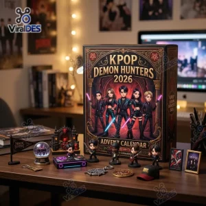 Front view of a KPOP Demon Hunters 2026 Advent Calendar box displayed with small collectible figures on a desk.