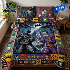 Front view of the Batman vs Joker Superhero Quilt Set featuring comic book graphics on bed.