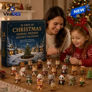A woman and young girl playing with animal figurines from an Animal Friends Christmas Advent Calendar.