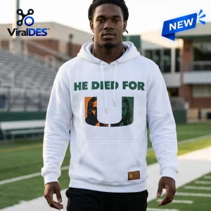 Front view of a man wearing a white hoodie with green text and a graphic design.