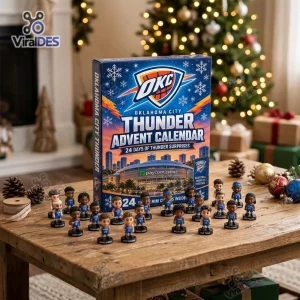 Front view of an Oklahoma City Thunder 2026 Advent Calendar box with miniature figurines on a wooden table.