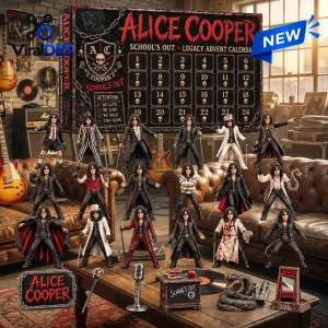 Front view of the Alice Cooper School's Out Legacy Advent Calendar box and figurine set displayed on a couch.