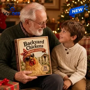 An older man and a young boy holding a Backyard Chickens Advent Calendar 2026 box together indoors.