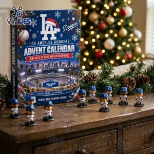 Front view of a Los Angeles Dodgers baseball advent calendar box with miniature figurines on a wooden surface.