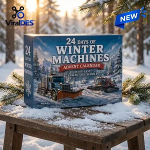 Front view of the Heavy Equipment Die-Cast Advent Calendar resting on a snowy wooden table in a winter forest.