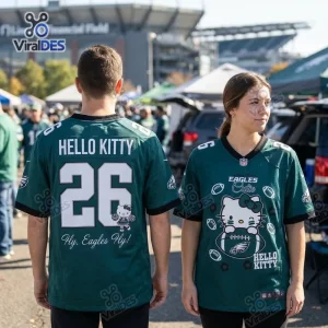 Lifestyle view of two people wearing the Hello Kitty x Philadelphia Eagles Football Jersey outside a stadium.