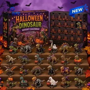 Front view of the Halloween Dinosaur Advent Calendar with numbered boxes and twenty-four figurines displayed.