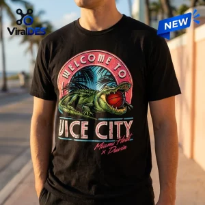 Front view of a black t-shirt featuring a crocodile graphic with a basketball and the text Welcome to Vice City.