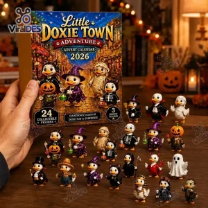 Front view of the Little Doxie Town 2026 Halloween Advent Calendar box with miniature costumed duck figures.