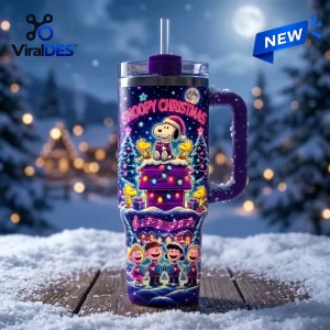 Front view of a Snoopy Christmas Winter Snow 40oz Tumbler with cartoon characters singing carols in the snow.