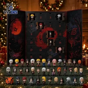Front view of the Naruto Advent Calendar 2026 box opened with numbered doors and multiple anime character figurines arranged in front.