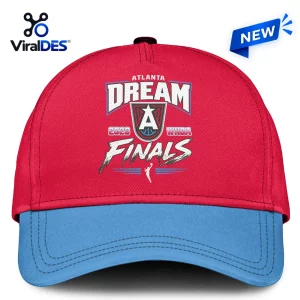 Front view of a red cap with a blue brim featuring Atlanta Dream 2026 WNBA Finals graphics.