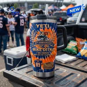 Front view of Mike Ditka Chicago Bears 87th Anniversary tumbler on a truck tailgate.