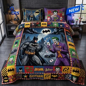 Front view of a Batman vs Joker Superhero Quilt Set featuring comic style character graphics on a made bed.
