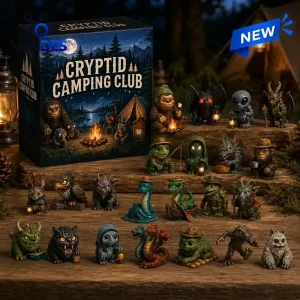 Front view of Cryptid Camping Club Advent Calendar 2026 box with a collection of miniature creature figurines arranged on wood.