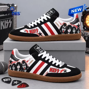 Side view of KISS Black Samba OG Shoes featuring red and white stripes and band graphics.
