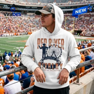 Man wearing Texas Longhorns Red River Rivalry White Hoodie at a stadium.