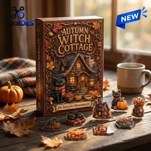 Front view of an Autumn Witch Cottage Advent Calendar box with small acrylic holiday ornaments arranged on a wooden table.