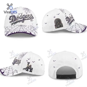 Four angle views of a white Los Angeles Dodgers Halloween baseball cap featuring spider web and bat graphics.