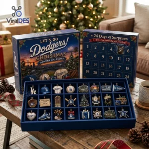 Front view of a blue baseball advent calendar with 24 numbered compartments and assorted themed ornaments.