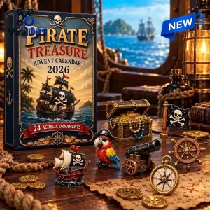 Front view of Pirate Treasure 2026 Advent Calendar box alongside miniature pirate ornaments on wooden table.