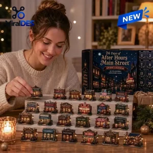 Woman arranging miniature buildings from the After Hours Main Street Advent Calendar on a table.