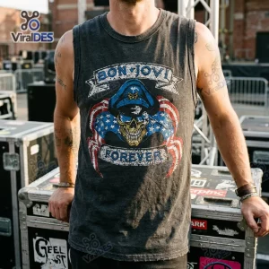 Front view of a person wearing a Bon Jovi Forever Tour 2026 sleeveless jersey with skull graphic.