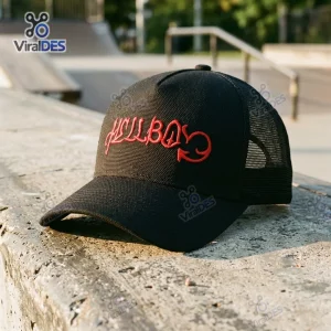 Front view of Lil Peep Hellboy Black Classic Cap resting on a concrete ledge.