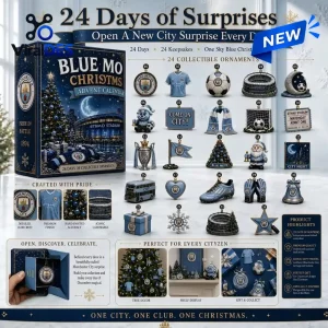 Front view of Manchester City Blue Moon Christmas Advent Calendar 2026 showing 24 collectible ornaments.