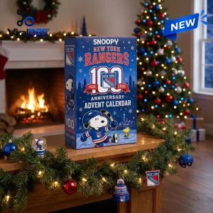Front view of the Snoopy x New York Rangers 100th Anniversary Advent Calendar on a holiday mantelpiece.