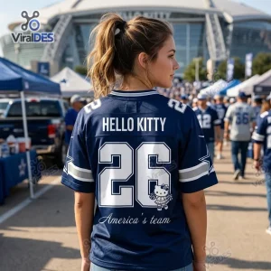 Back view of a woman wearing a custom football jersey with number 26 outdoors.
