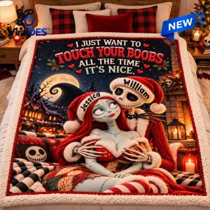 Front view of a Horror Couple Personalized Christmas Sherpa Blanket with skeleton characters.