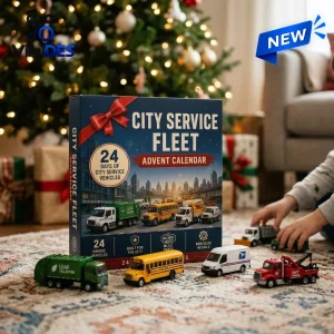 Front view of City Service Fleet Advent Calendar 2026 box with toy vehicles displayed on a patterned floor near a tree.