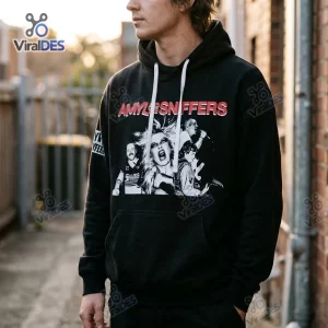 Front view of Amyl and the Sniffers Australia Tour Hoodie in black with band graphic.