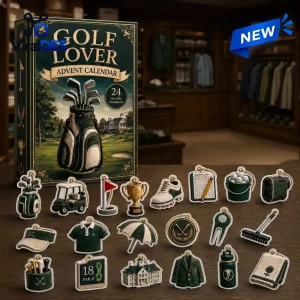 Front view of a Golf Lover Advent Calendar box with twenty-four acrylic ornament charms displayed on a wooden table.