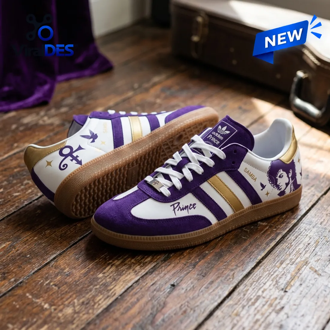 Side view of Adidas Prince Purple Rain Samba shoes featuring white leather, purple accents, and gold stripes on a wooden floor.