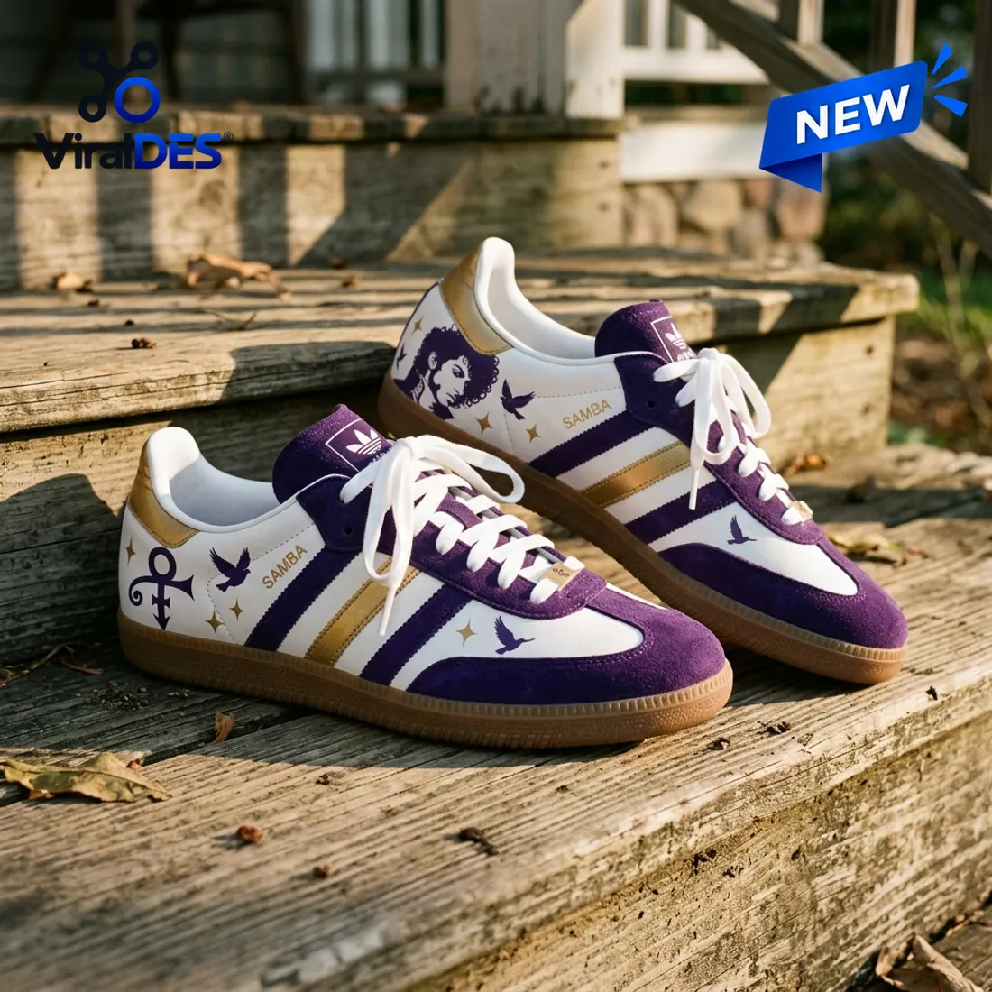 Side view of Adidas Prince Purple Rain Samba Shoes resting on wooden steps outdoors.