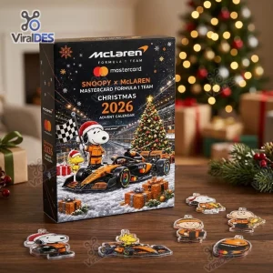 Front view of Snoopy x McLaren Formula 1 Christmas 2026 Advent Calendar box with matching acrylic character charms.