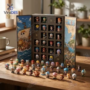 Front view of an open One Piece Advent Calendar 2026 displaying numbered compartments and miniature figurines.