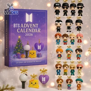 Front view of a purple BTS Advent Calendar 2026 with 24 miniature figurines.