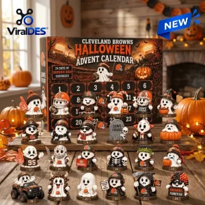 Front view of Cleveland Browns Halloween advent calendar with ghost figurines.