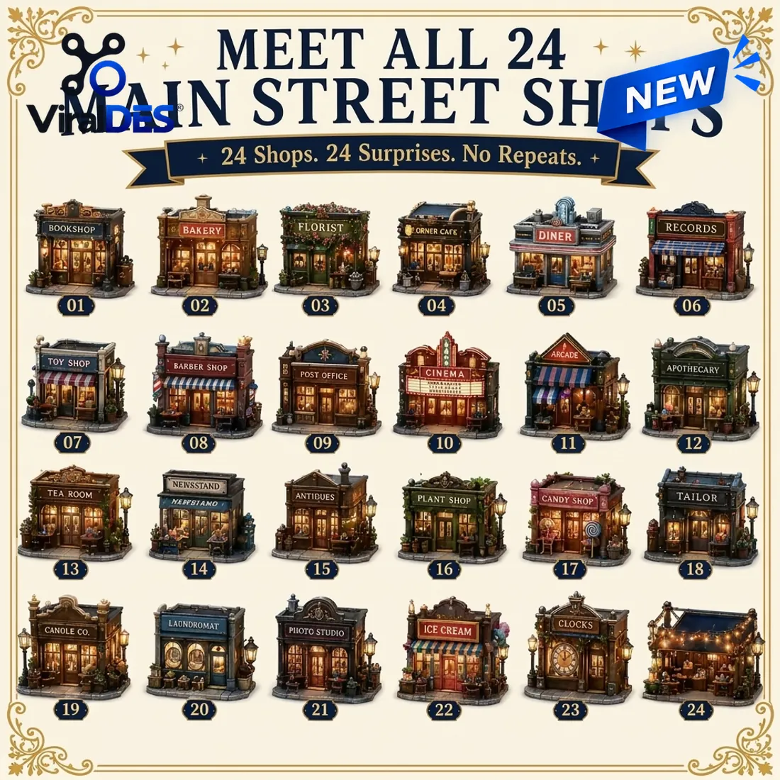 Directory of all 24 miniature storefronts inside the After Hours Main Street Advent Calendar numbered 01 through 24