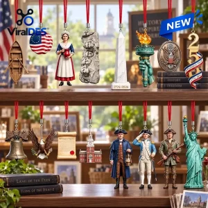 Collection of patriotic miniature ornaments hanging on shelves for America 250 Semiquincentennial 2026 Advent Calendar.
